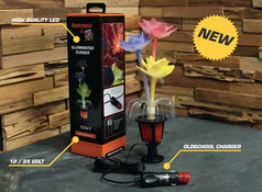 Beleuchtete Blumenvase mit pinken, blauen und gelben Blumen in schwarzem Sockel. Inklusive 12/24V Stecker.