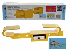 Gelbes, verstellbares Containerschloss aus geh�rtetem Stahl mit Schl�sseln und Produktverpackung.