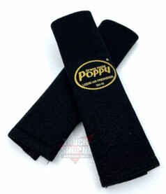 Ein Paar schwarze Gurtschoner aus Stoff.