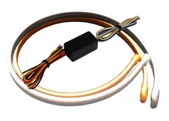 Zwei flexible LED-Streifen, seitlich in Xenon-wei� und Orange leuchtend, mit schwarzer Kontrollbox.