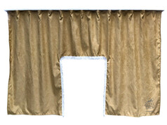 Goldbraune LKW-Bettgardine aus Polyester mit Durchschlupf und wei�er Zierleiste.