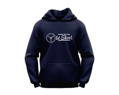 Dunkelblauer Scandi Hoodie mit wei�em Lenkrad-Print und dem Text 