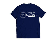 Dunkelblaues T-Shirt mit wei�em Brustdruck: Lenkrad-Symbol und "Back to the Old Skool".