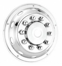 Gl�nzende, chromfarbene Radzierblende f�r LKW-Vorderachse, mit geschlossener Nabe, Radmutternabdeckungen und ovalen �ffnungen.