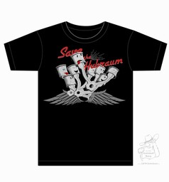 Schwarzes T-Shirt mit rotem "Save the Hubraum" Schriftzug und Cartoon-Kolben mit Fl�geln.