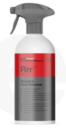 Wei�e Spr�hflasche Koch Chemie Rrr Reactive Rust Remover mit grauem Spr�hkopf und rot-grauem Etikett.