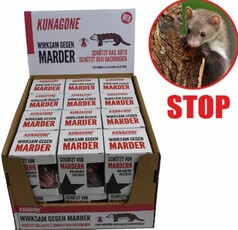 Brauner Karton-Display gef�llt mit wei�en Kunagone Marderstopp-Packungen. Daneben ein Marder und roter STOP-Schriftzug.