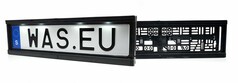 Schwarzer Kunststoff-Kennzeichenhalter mit LED-Beleuchtung und die R�ckseite eines Halters.