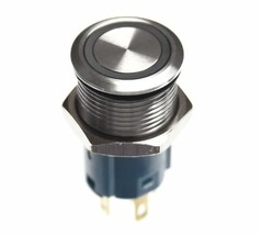 Edelstahl LAS3-Schalter mit silbernem Geh�use, schwarzem LED-Ring und blauer Unterseite.