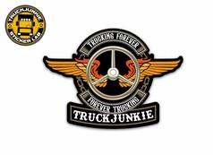 Bunter Aufkleber mit Lenkrad, Fl�geln und Ketten. Schriftz�ge: Trucking Forever und Truck Junkie.