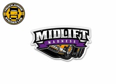 Bunter Aufkleber mit "Midlift Madness" Schriftzug in Wei� und Lila, dazu eine orange-schwarze LKW-Unterseite.