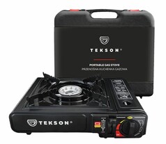 Schwarzer Tekson 2-in-1 Camping-Gaskocher aus Metall mit passendem Kunststoff-Transportkoffer.