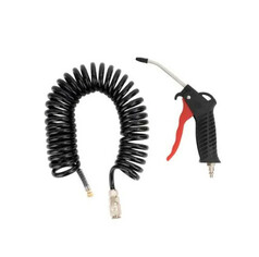 Tekson Luftpistole mit schwarzem Griff, rotem Abzug und Metall-D�se, daneben ein schwarzes Spiralkabel mit Stecker.