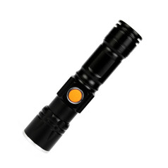 Schwarze LED-Taschenlampe aus Metall mit orangefarbenem Knopf, isoliert auf wei�em Hintergrund.
