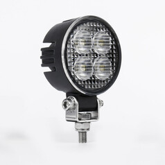 Runde schwarze Strands Unity Mini Round Arbeitsleuchte mit klarer Linse und LEDs, montiert auf Metallhalterung.