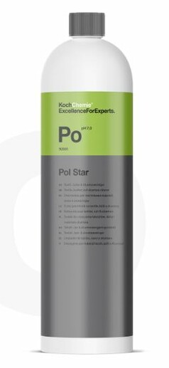 Wei�e und graue Flasche Koch Chemie Pol Star Polsterreiniger Konzentrat mit gr�nem Etikett.