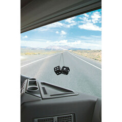 Schwarze, flauschige Gl�cksw�rfel h�ngen per Sauger an der LKW-Windschutzscheibe.