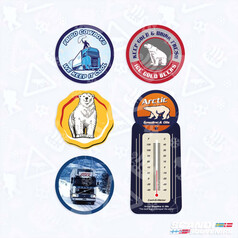 Scandi Stickerset Frigo Cowboys: Ein Set von 5 Aufklebern mit Motiven von Trucks, Eisb�ren und einem Thermometer.