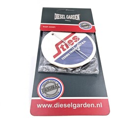 Runder Lufterfrischer Sties, wei�, rot und blau, in dunkelgrauer Verpackung mit 