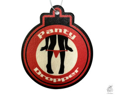Runder Lufterfrischer in Rot, Schwarz und Creme mit Beinen und rotem String. Text: "Panty Dropper".
