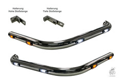 Zwei gl�nzende Eckrohre mit wei�en und gelben LED-Leuchten und zwei passende Halterungen.