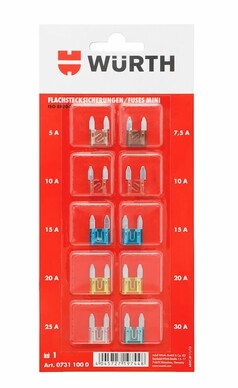 W�rth Flachstecksicherungen Mini: Blisterpackung mit farbigen Sicherungen in verschiedenen Ampere-Werten.