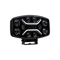 Ovaler schwarzer Strands Fernscheinwerfer mit wei�en LED-Positionslichtern und dunklen Details.