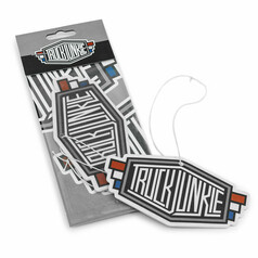 TRUCKJUNKIE Lufterfrischer "HEX-WINGS" in Wei�, Schwarz, Grau mit roten und blauen Akzenten. Ein Exemplar ist ausgepackt.