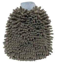 Dunkelgrauer Mikrofaser Chenille Waschhandschuh mit langen, weichen Fasern und hellem B�ndchen.