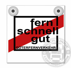 Wei�e Platte f�r Leuchtkasten mit zwei Befestigungspunkten. Design: schwarzer Rahmen, roter Streifen, Text "fern schnell gut G�TERFERNVERKEHR".