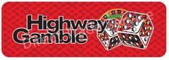 Rotes Dashmat mit "Highway Gamble" Schriftzug, bunten W�rfeln und Roulette-Rad-Motiv.