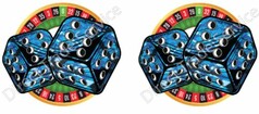 Ein Paar blauer Poppy Pl�schw�rfel-Aufkleber mit abstraktem Muster vor Rouletterad-Hintergrund.