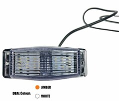 DTS Double Dutch LED DUAL Leuchte mit transparentem Geh�use und schwarzem Kabel. Zeigt die Dual-Farben Wei� und Amber.