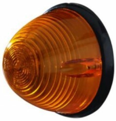 SIM Toplampe rund mit bernsteinfarbener, gerippter Kunststofflinse und schwarzem Sockel.