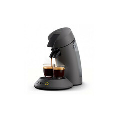 Graue Philips Senseo Kaffeepadmaschine f�llt Kaffee in Gl�ser. Philips Logo sichtbar.