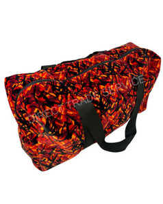 Reisetasche klein aus D�nisch Pl�sch in Rot-Orange mit schwarzem Muster, Griffen und Rei�verschluss.