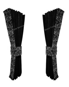 Zwei schwarze LKW-Rundumgardinen mit D�nisch Pl�sch Kante und passenden R�ckhalteb�ndern, vorgefaltet.