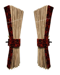 Ein Paar beige LKW-Rundumgardinen aus dickem Stoff mit Kante und R�ckhalteb�ndern in D�nisch Pl�sch.