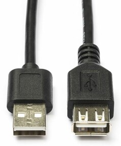 Schwarzes USB-Verl�ngerungskabel mit USB-A Stecker und Buchse, letztere mit USB-Logo.