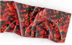 Pl�sch-Strandtuch aus Mikrofaser mit lebhaftem Muster in Rot, Orange und Schwarz.