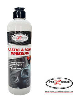 Wei�e Flasche Pro Xtreme Plastic & Vinyl Dressing mit schwarzem Deckel und Carbon-Optik-Etikett.