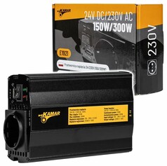 Schwarzer Spannungswandler 24V/230V 150/300W mit 230V Steckdose und USB-Anschl�ssen, dahinter die Produktverpackung.