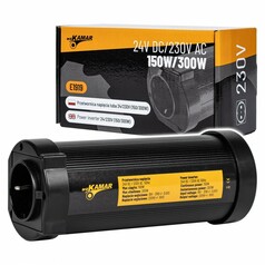 Runder, schwarzer 150/300W Spannungswandler mit 230V Steckdose und seiner Originalverpackung.