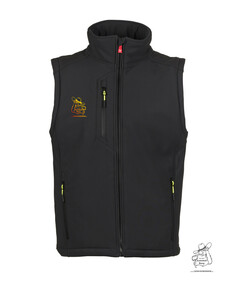 Schwarze Softshell-Herrenweste mit Rei�verschl�ssen, fluoreszierenden Ziehhilfen und Berg B�r Aufdruck auf der Brust.