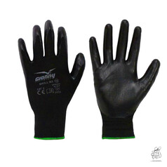 Schwarze Arbeitshandschuhe SKILL N2 mit Nitrilbeschichtung und bel�ftetem Handr�cken, gr�nem Strickb�ndchen.