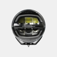 SWEDSTUFF 7-Zoll LED-Scheinwerfer mit schwarzem Geh�use, gelben und wei�en Positionslichtern.