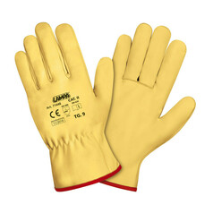 Gelbe Kalbslederhandschuhe mit roter Paspelierung. Auf dem Handschuh sind die Zulassungen CE EN 388 und EN 420 sichtbar.