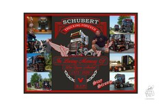 AST "Memory Edition" Plakat: Schwarze Scania LKW, rote Akzente, Schriftz�ge "Schubert Trucking Forever" und "In Loving Memory Of".