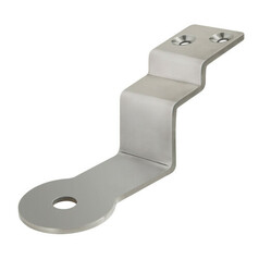 Antennenhalterung aus poliertem Edelstahl, L-f�rmig mit einem Antennenloch und zwei Befestigungsl�chern.