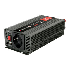 Grauer Power Inverter aus Aluminium mit Schuko-Steckdose, USB-Anschluss und rotem Schalter. Aufschrift 